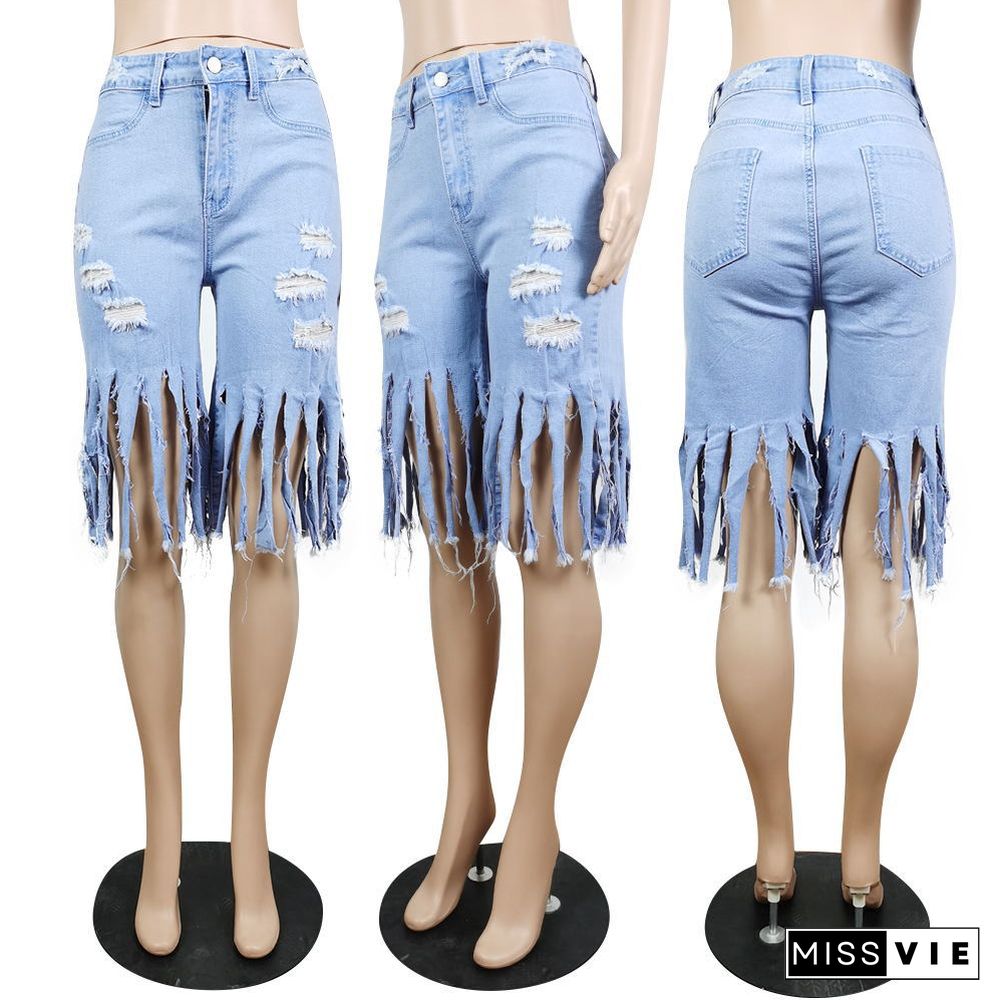 Casual Solid Color Fringed Jeans