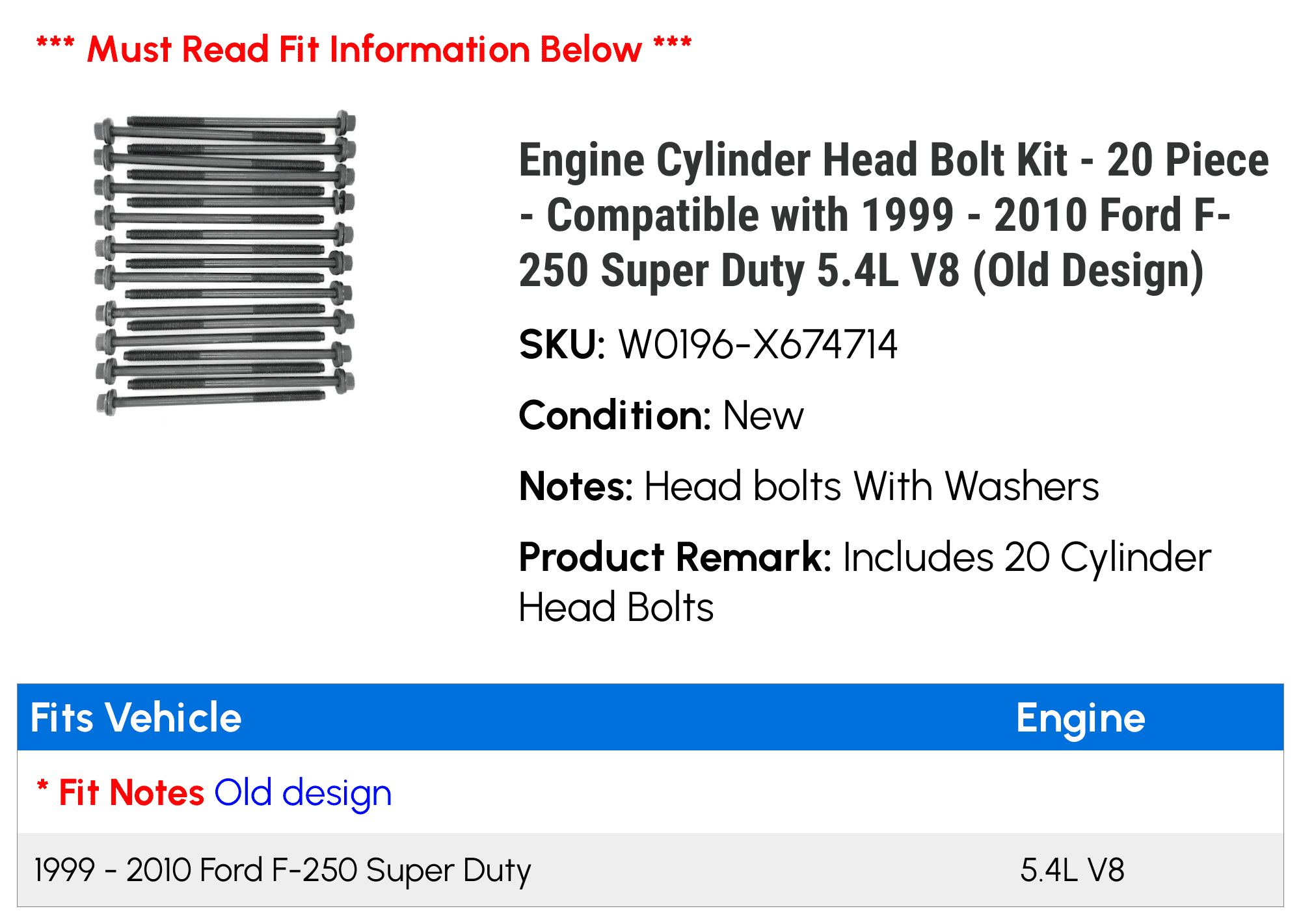 Engine Cylinder Head Bolt Kit - 20 Piece - Compatible with 1999 - 2010 Ford F-250 Super Duty 5.4L V8 (Old Design) 2000 2001 2002 2003 2004 2005 2006 2007 2008 2009