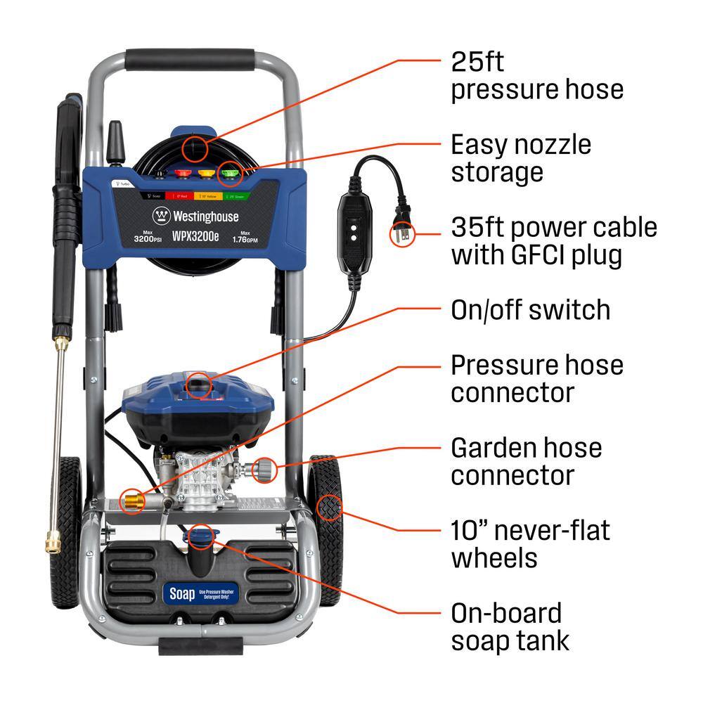 Westinghouse WPX3200e PSI 1.76 GPM 13 Amp Cold Water Electric Pressure Washer with Turbo Nozzle and Quick Connect Tips WPX3200e