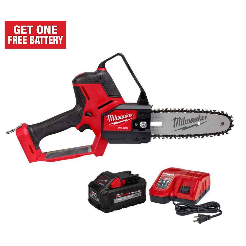 MW M18 FUEL 8 in. 18V Lithium-Ion Brushless Electric Battery Chainsaw HATCHET Pruning Saw w8.0 Ah XC Battery  Charger 3004-20-48-59-1880