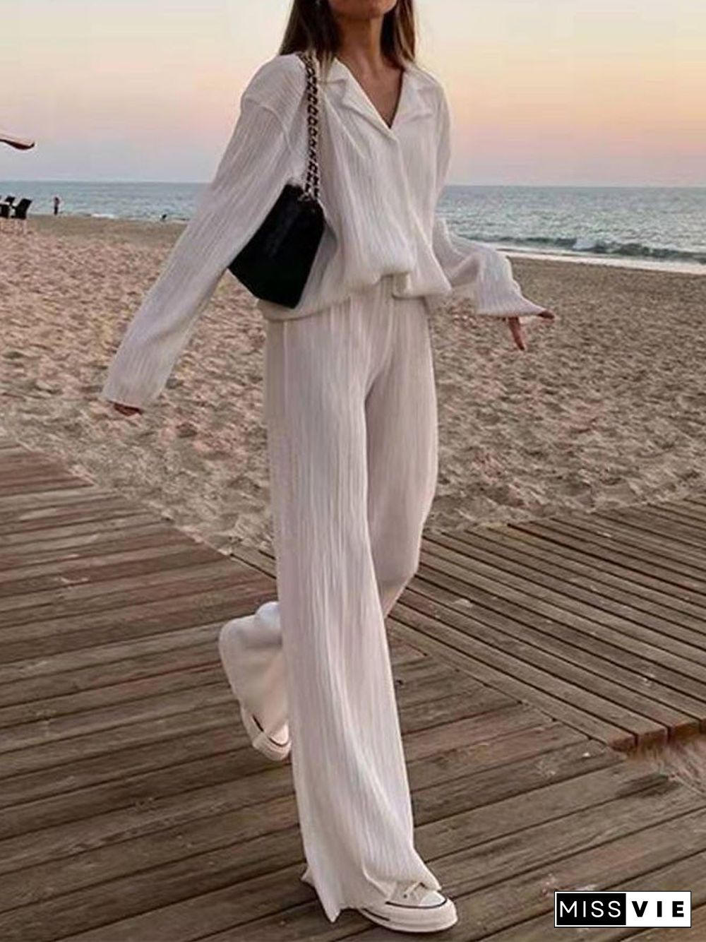 Women'S Sets Solid Pleated Long-Sleeve Shirt & Pants Two-Piece Set