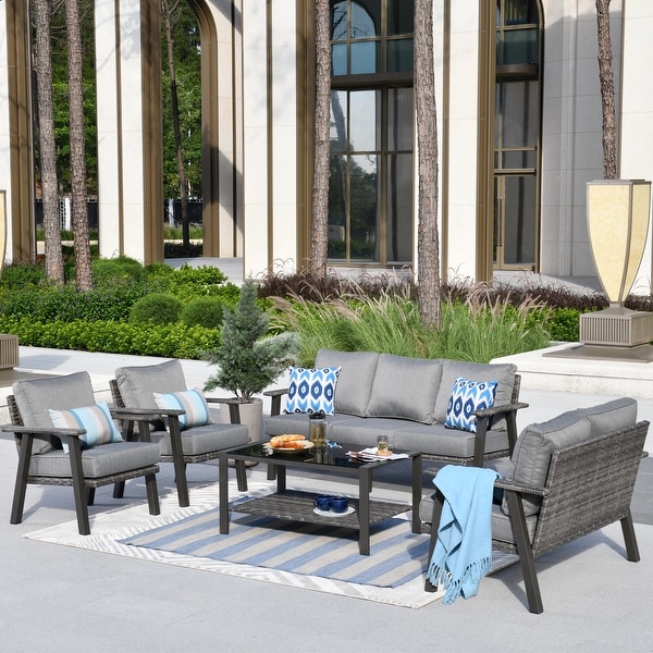 OVIOS 5piece Outdoor Steel Frame Ottoman Wicker Solid Pattern Cushion Sectional Set Glass Top Table