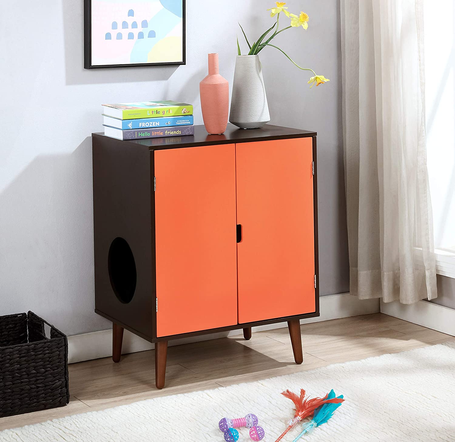 Penn-Plax Cat Walk Furniture: Contemporary Home Cat Litter Hide-Away Cabinet – Espresso with Orange Doors