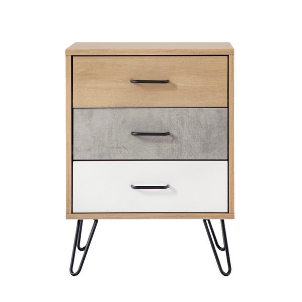 Harper 24 Inch Handcrafted Modern Tricolor Wood Nightstand， 3 Drawers， Metal Hairpin Legs， Oak， White， Gray