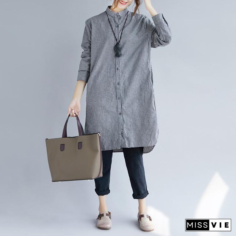 stylish gray striped cotton linen shirt dress trendy plus size shirt dress boutique long sleeve pockets Turn-down Collar patchwork natural cotton linen shirt dress