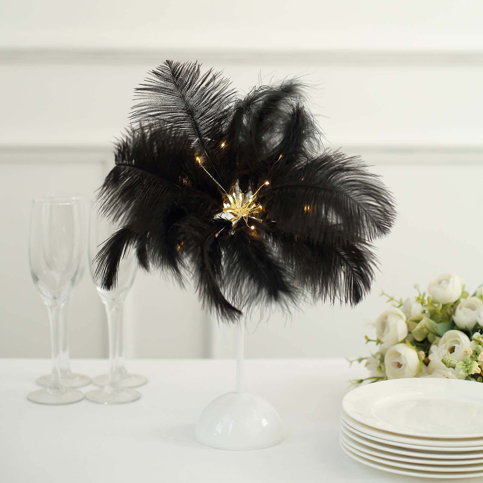 LED Black Ostrich Feather Table Lamp Desk Light, Battery Operated Cordless Wedding Centerpiece 15