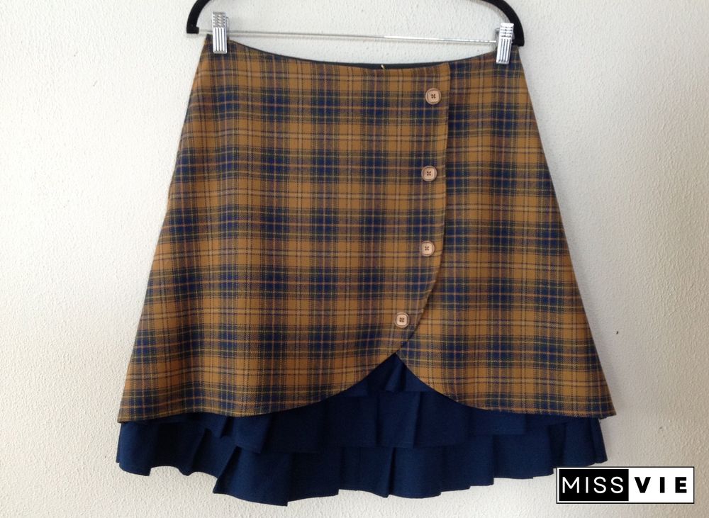 Vintage Checkered/plaid Floral-Print Skirt