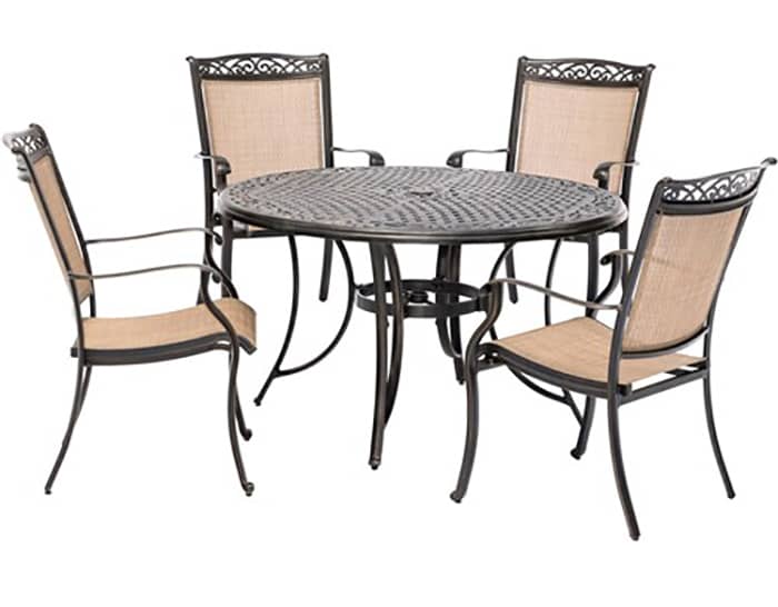 Hanover Fontana 5-Piece Outdoor Dining Set In Tan/Bronze With 4 Sling Chairs， 48 Cast Table