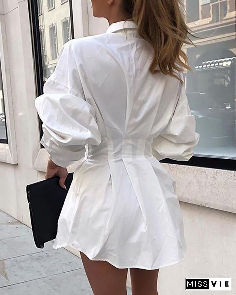 Solid Long Sleeve Tight Waist Shirt Dress