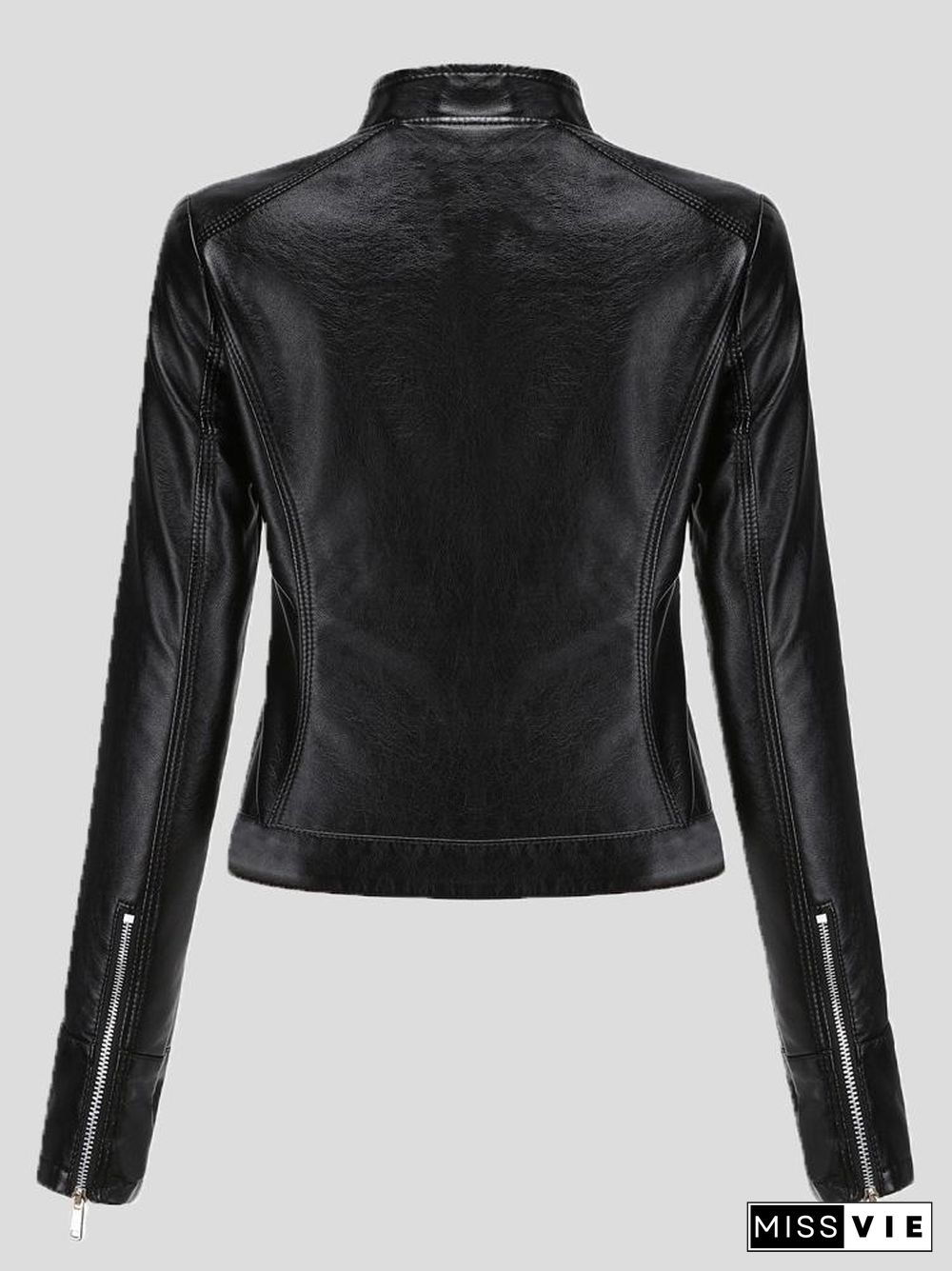 Women's Jackets Short Stand-Up Collar Zipped Leather Jacket