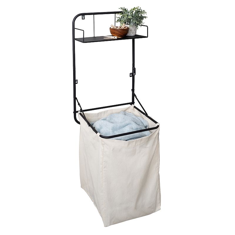 Honey-Can-Do Collapsible Wall-Mounted Clothes Hamper with Canvas Bag and Laundry Shelf