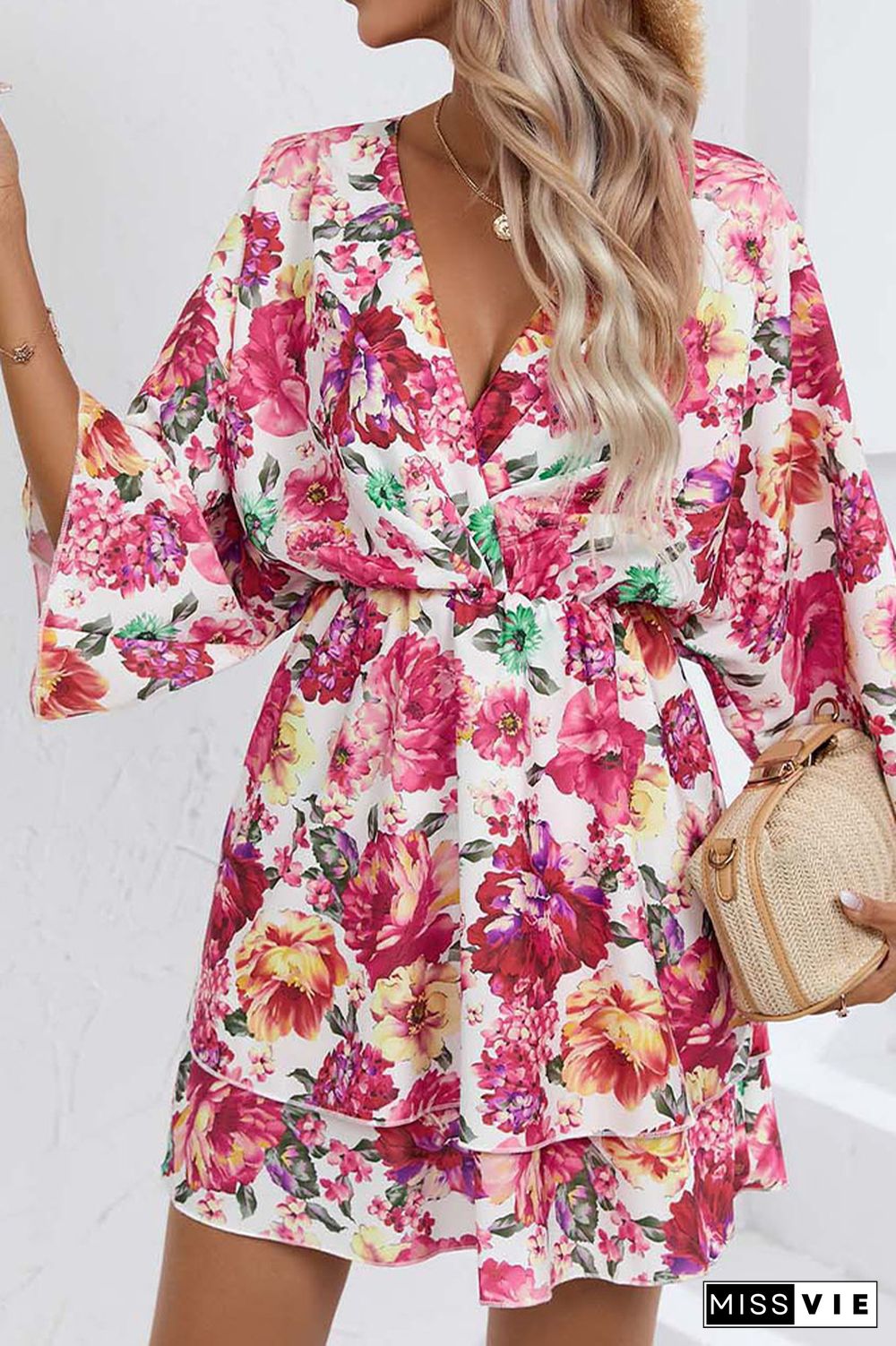 V Neck Drawstring Floral Dress