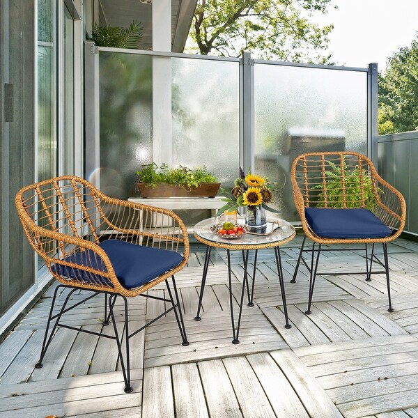 Costway 3PCS Patio Rattan Bistro Furniture Set Cushioned Chair Table