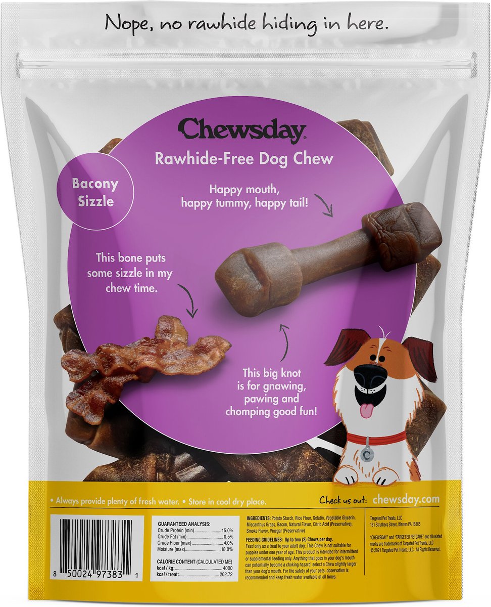 Chewsday Bacony Sizzle Chew Bones Rawhide-Free Dog Hard Chews， 7 count， Small