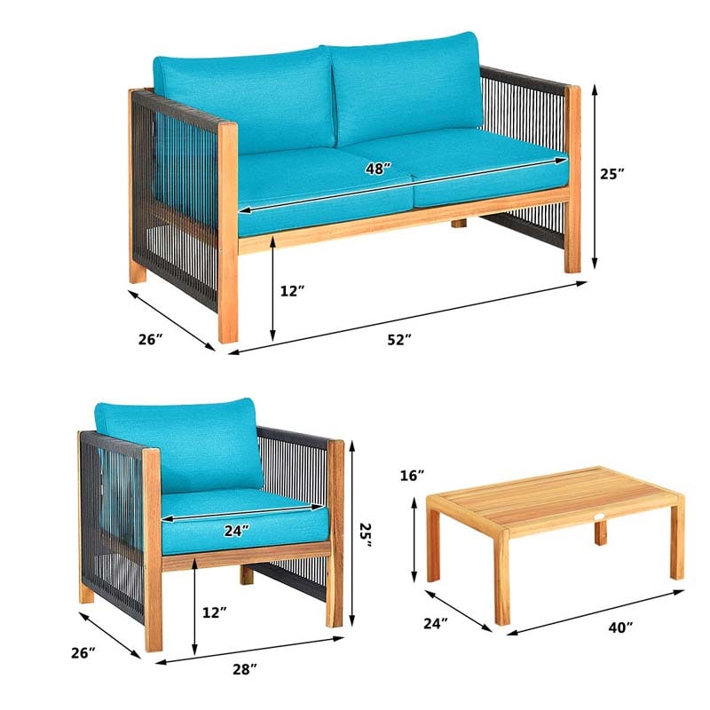 4 Pcs Acacia Wood Outdoor Loveseat Sofa Set with 2 Single Chairs & Coffee Table, Cushions