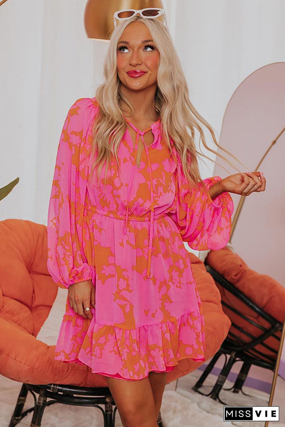 Rose Abstract Printed Puff Sleeve Ruffle Flowy Dress