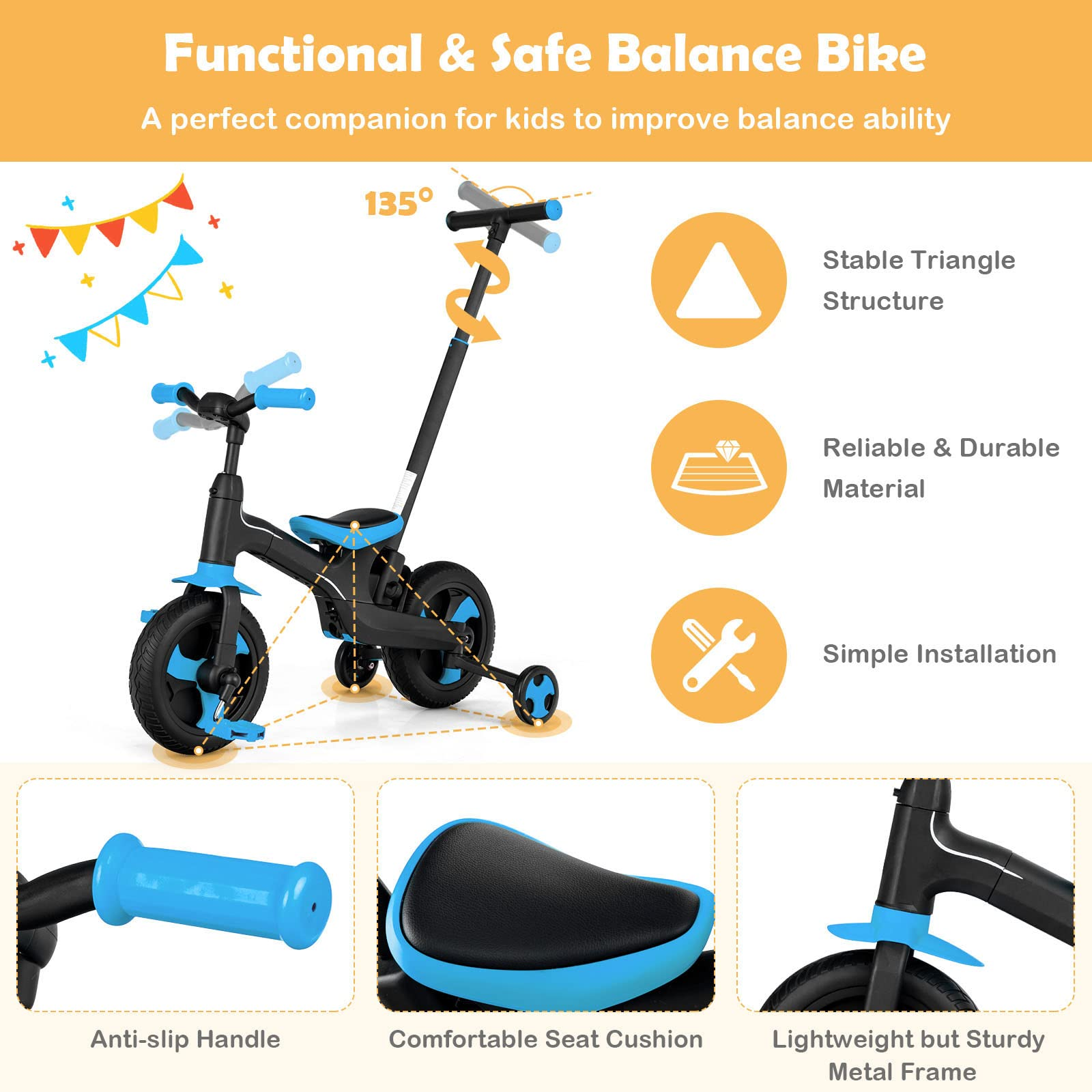 5 in 1 Toddler Tricycle, Folding Kids Trike Baby Balance Bike