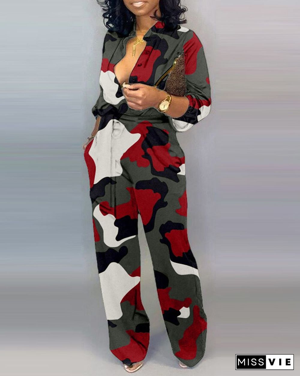 V Neck Camouflage Print Buttoned Jumpsuit