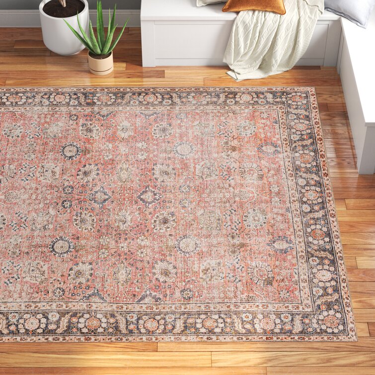 Bria Machine Washable Oriental Dusty Coral/Brick Red Area Rug