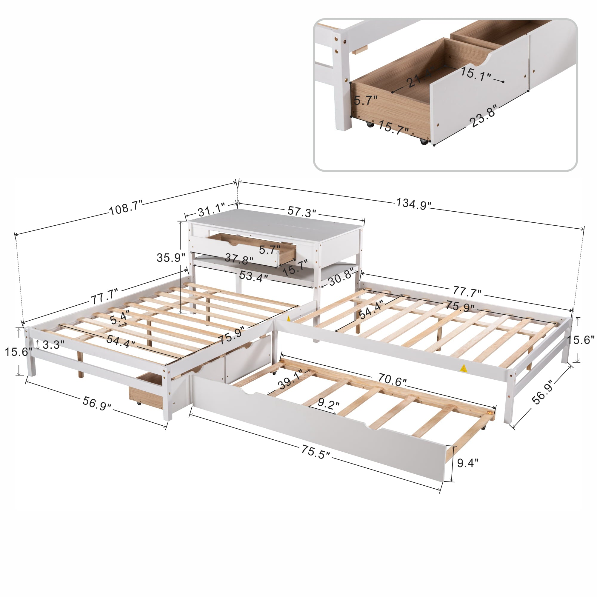 Full L-Shaped Platform Beds with Trundle, Drawers and Table for Kids Bedroom, White