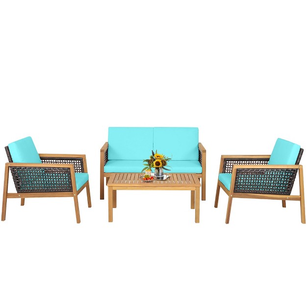 Tangkula 4pcs Patio Acacia Wood Furniture Set Pe Rattan Conversation Set W Turquoise Cushions