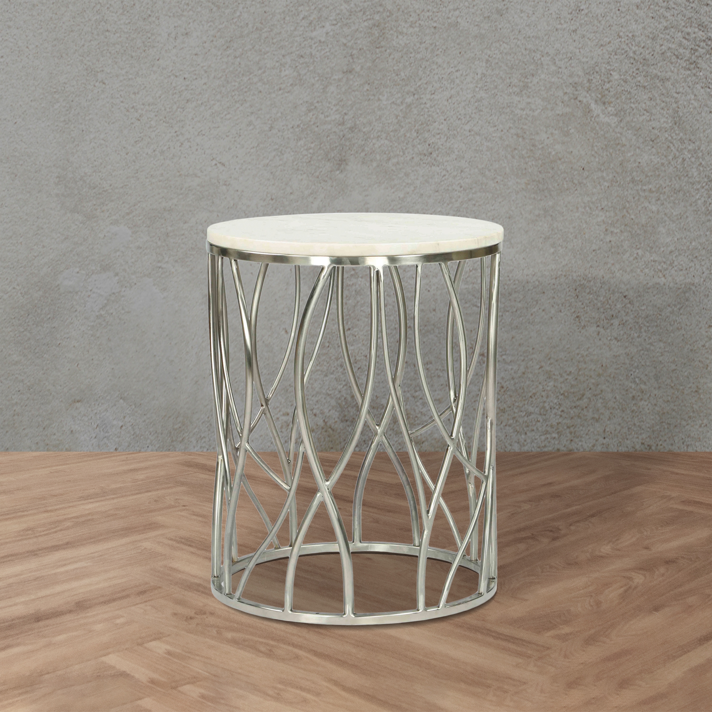 Roundhill Furniture Kameral Round Marble End Table with Stainless Steel Base