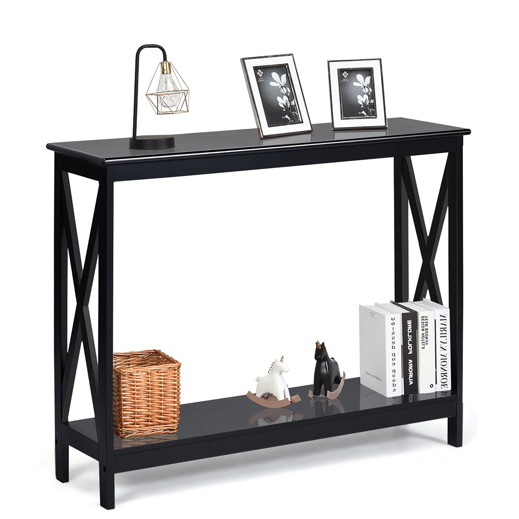 2 Tier Console Table X Design Accent Table with Storage Shelf