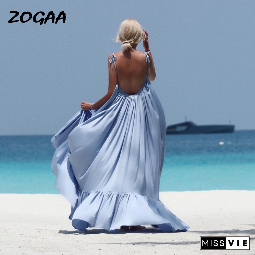 ZOGAA Boho Maxi Dress Women Spaghetti Strap Backless Long Dress Sexy Summer Party Bohemian Beach Dresses Vestidos Robe Femme