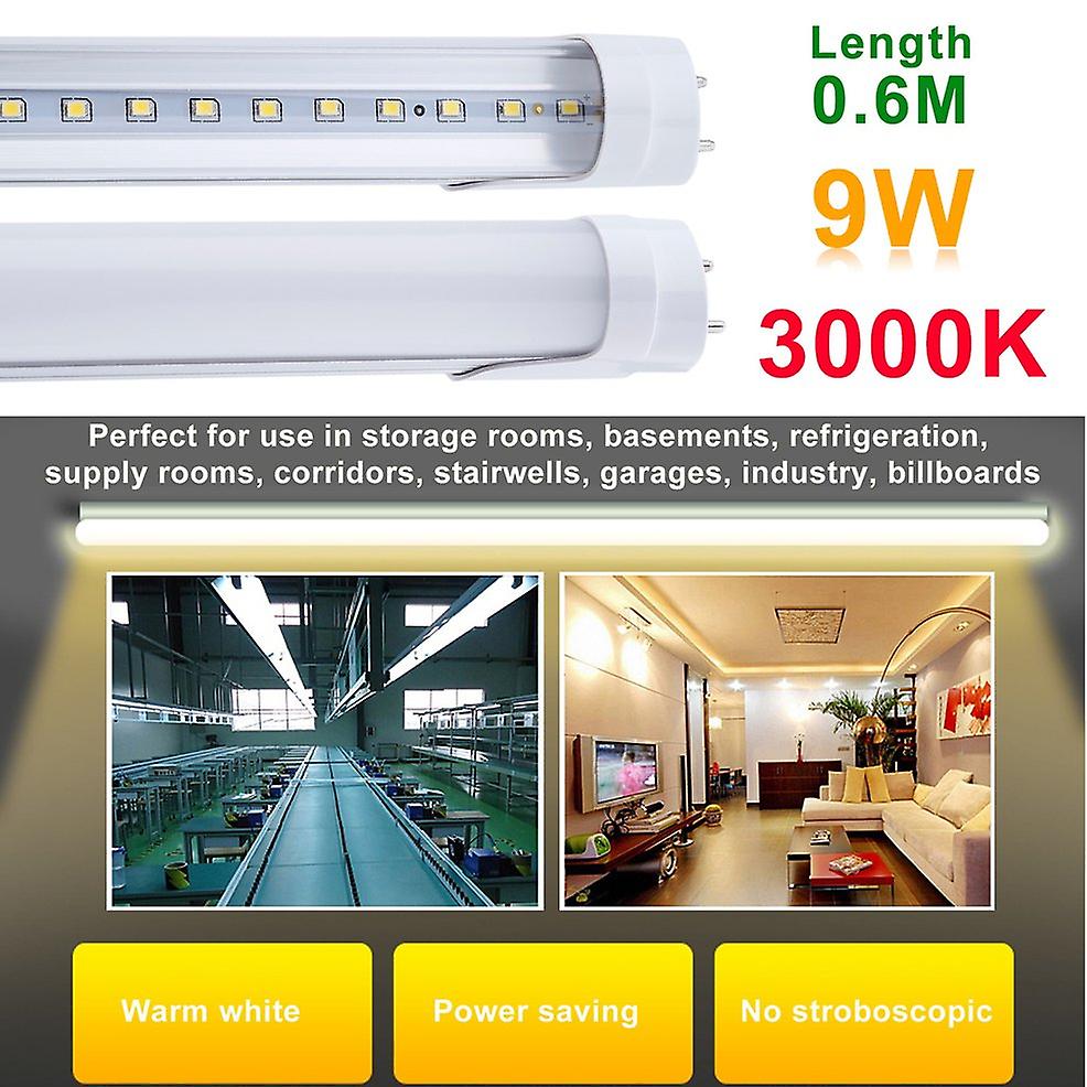 2 Pcs T8 Fluorescent Led Tube Light 60 Cm Length 9w Warm White 3000k 85v-265v