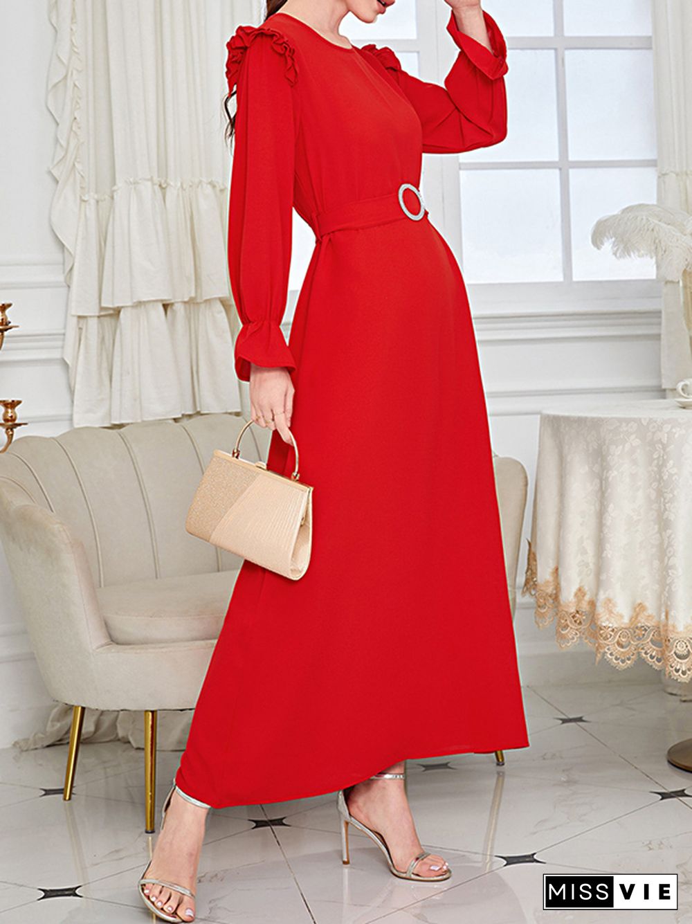 Ruffle Sleeves Belted Solid Color Round-Neck Maxi Dresses