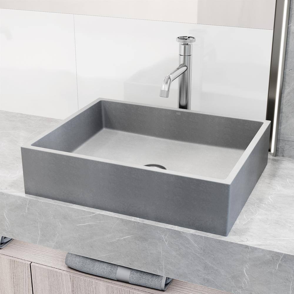 VIGO Coca Gothic Gray Concreto Stone 15 in. L x 19 in. W x 5 in. H Rectangular Vessel Bathroom Sink VG04069