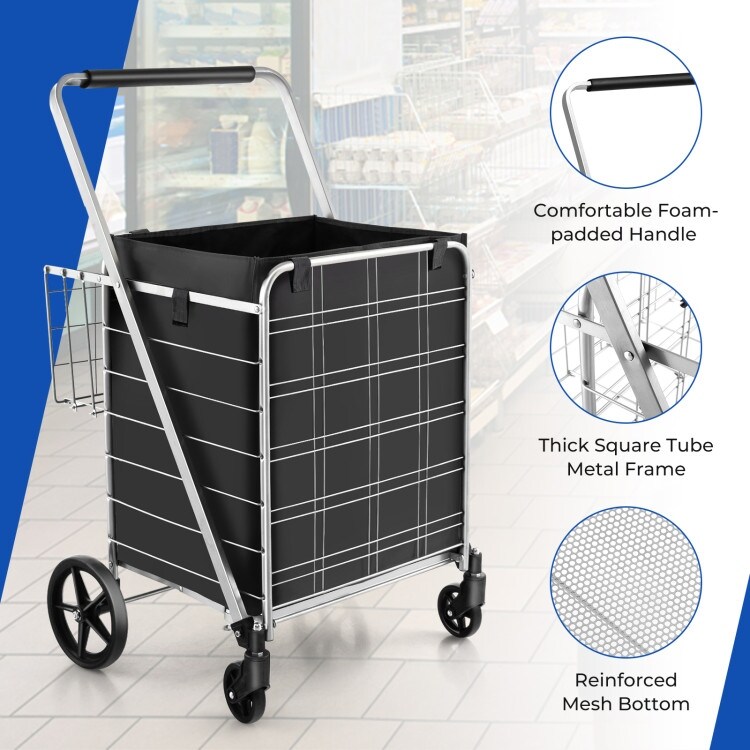 Folding Shopping Cart with Waterproof Liner Wheels and Basket Silver   26\