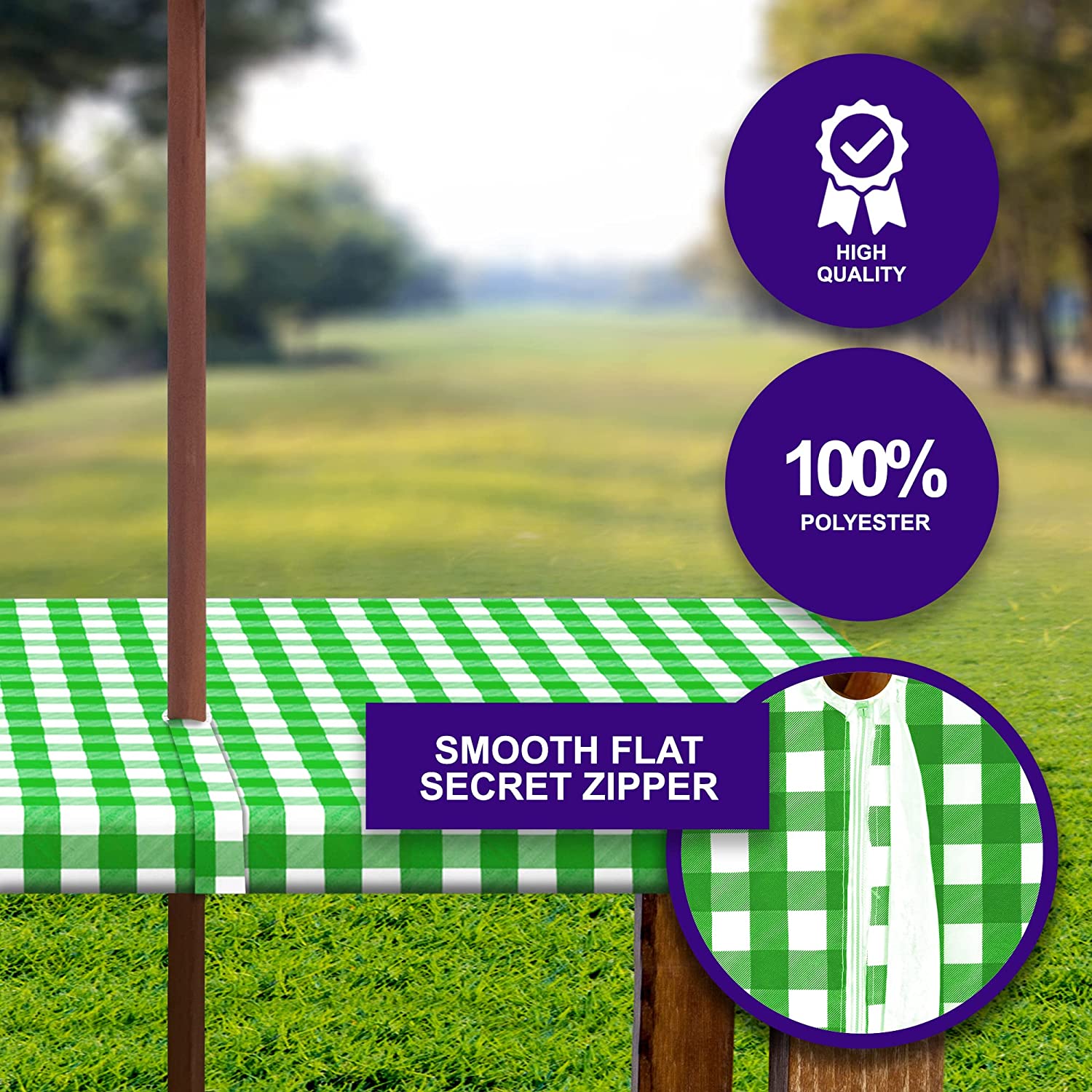 Sorfey Rectangle Fitted Picnic Table Cover Tablecloth with Umbrella Hole, 3-Pc. Set Green 30"x96"