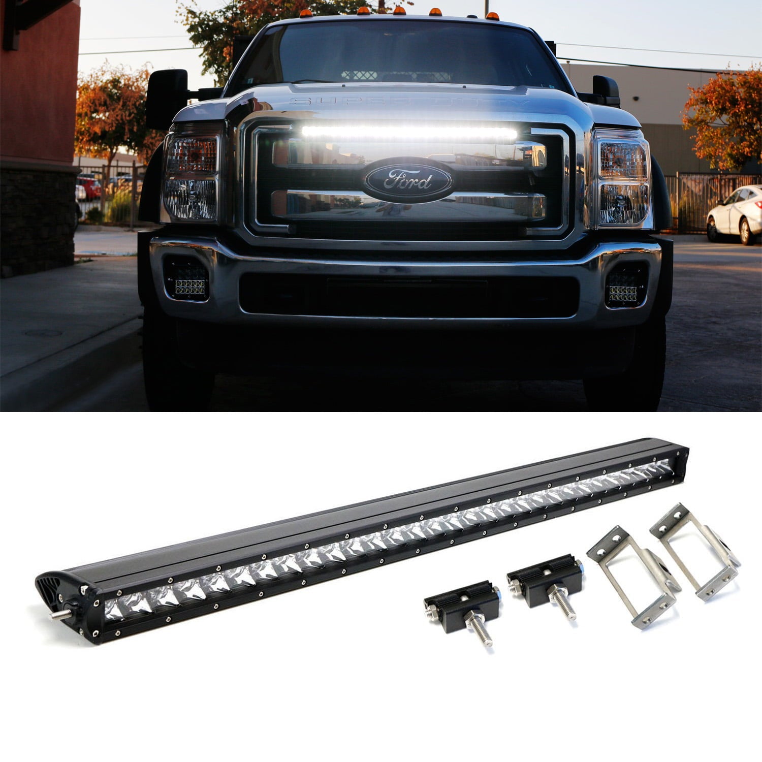 iJDMTOY Upper Grille Mount 30-Inch LED Light Bar Kit Compatible With 2011-2016 Ford F250 F350 Super Duty， Includes (1) 150W High Power CREE LED Lightbar， Grill Mounting Brackets and On/Off Switch Wiring