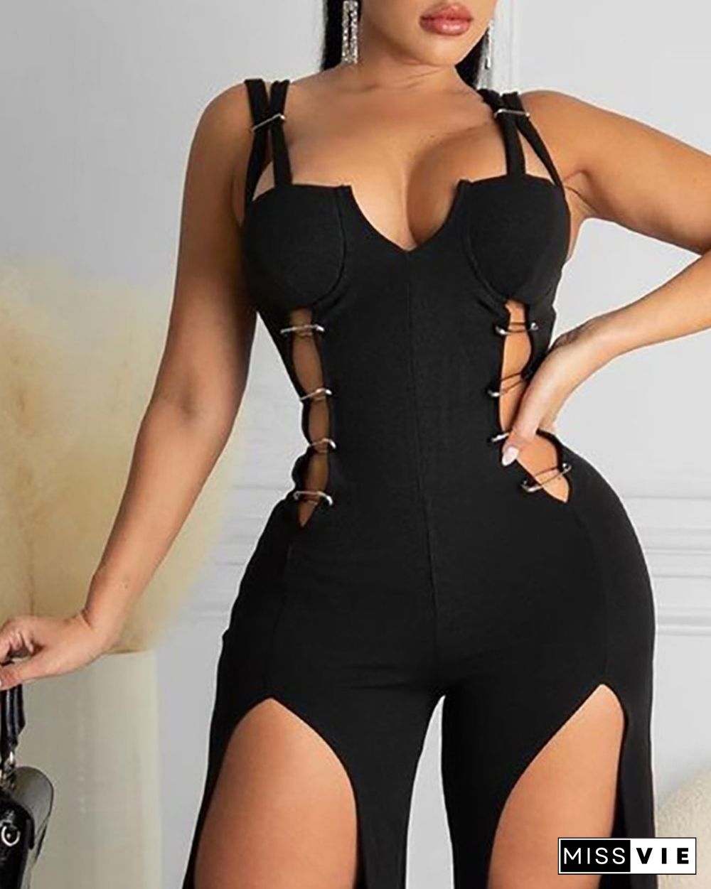 Pin Decor Cutout Slit Leg Jumpsuit