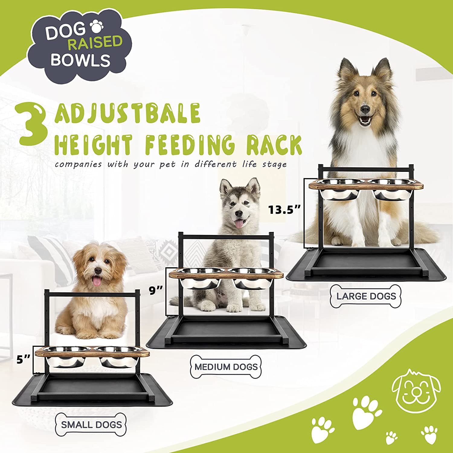 Emfogo Dog Bowls Elevated Dog Bowls Stand Adjustable Elevated 3 Heights with Spill Proof Mat Raised Dog Bowl for Large Dogs,16.5x16 inch