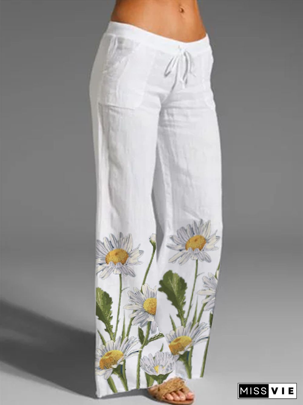 White Floral Holiday Cotton Pants