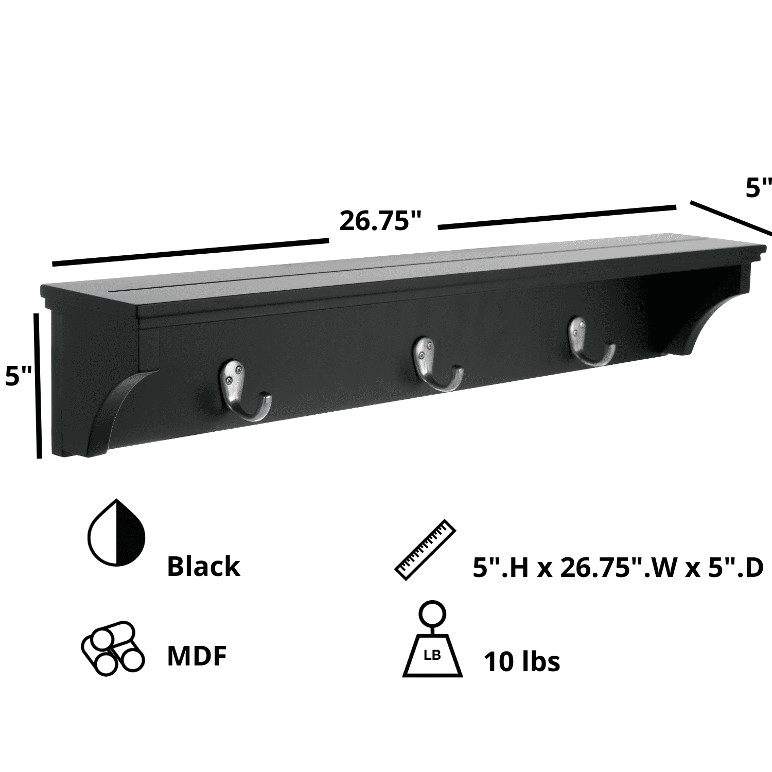 AZ Trading Finley 24 in. Wall Shelf With 3 Metal Hooks