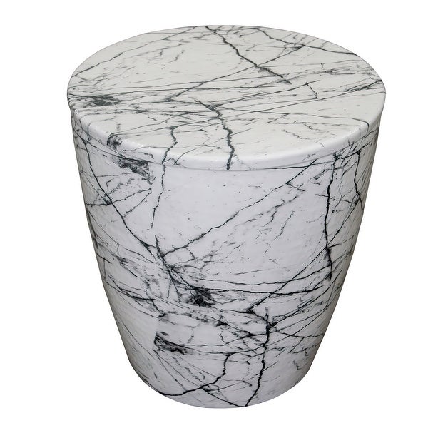 16 Inch Round Accent Side Table， Aluminum Sheet， Faux Marble， Enamel Coating， White