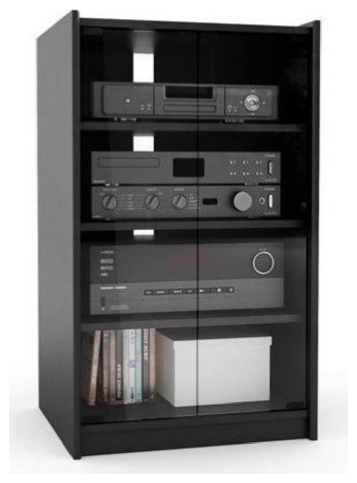 Bowery Hill Contemporary Glass Enclosed Audio Rack in Ravenwood Black   Transitional   Media Cabinets   by Homesquare  Houzz