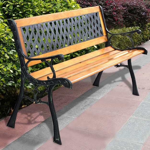 Tangkula Garden Metal Bench Porch Path Hardwood Chair For Patio Park Outdoor Deck