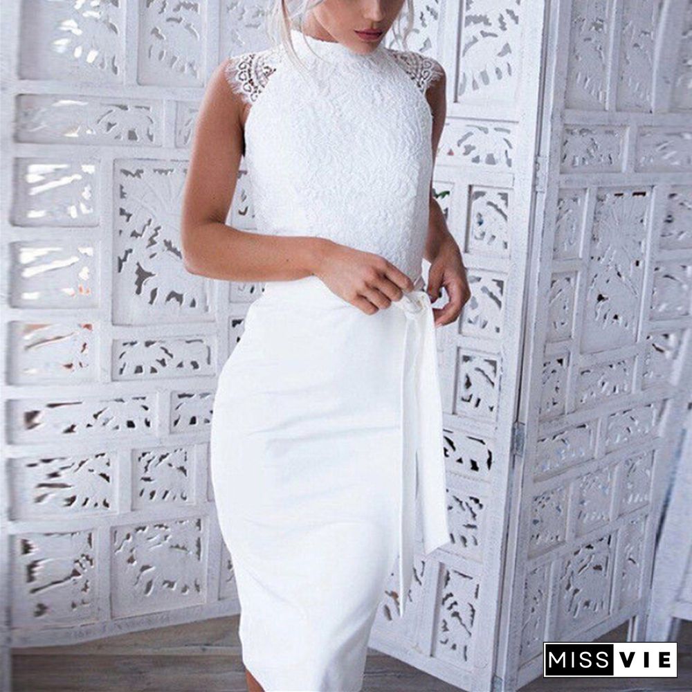 Fashion Women Dress White Ladies Lace Dresses Wedding Floral Lace Bodycon Pencil Mini Dress With Belt Womens Sleeveless Dresses