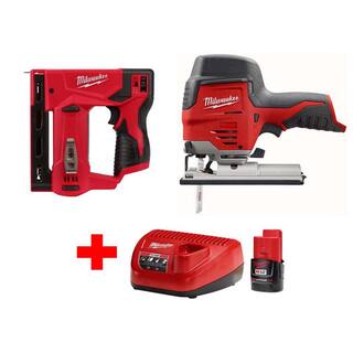 MW M12 12V Lithium-Ion Cordless Jig Saw and 38 in. Crown Stapler Combo Kit W (1) 2.0Ah Battery and Charger 2445-20-2447-20-48-59-2420