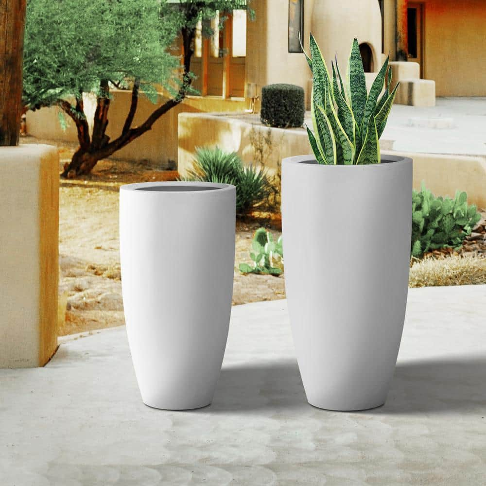 PLANTARA 32 in. and 23.6 in. H Concrete Tall Solid White planter， Large Outdoor Plant pot， Modern Tapered Flower pot for Garden PA099S2-8011