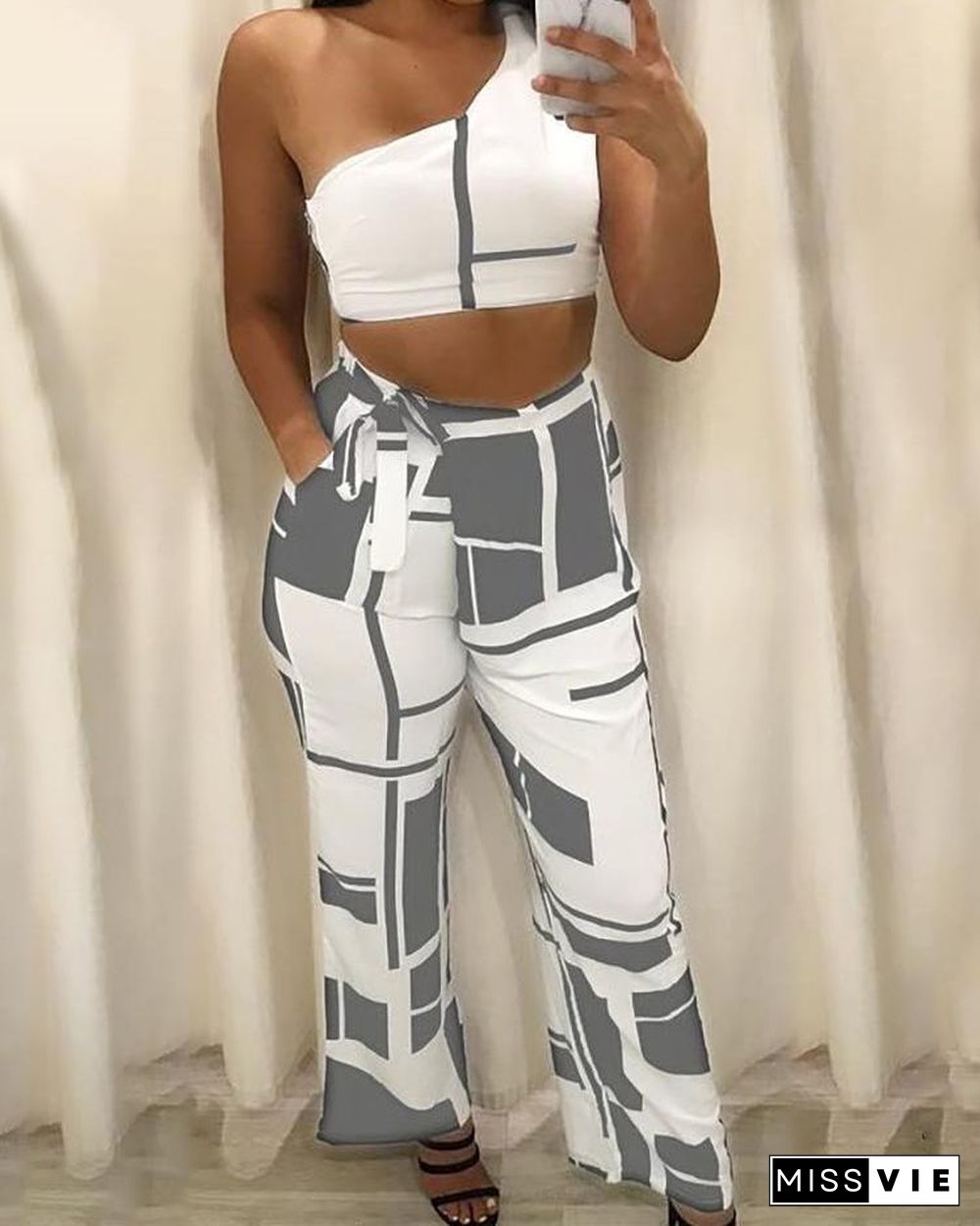 Colorblock One Shoulder Cropped Wide Pants Set