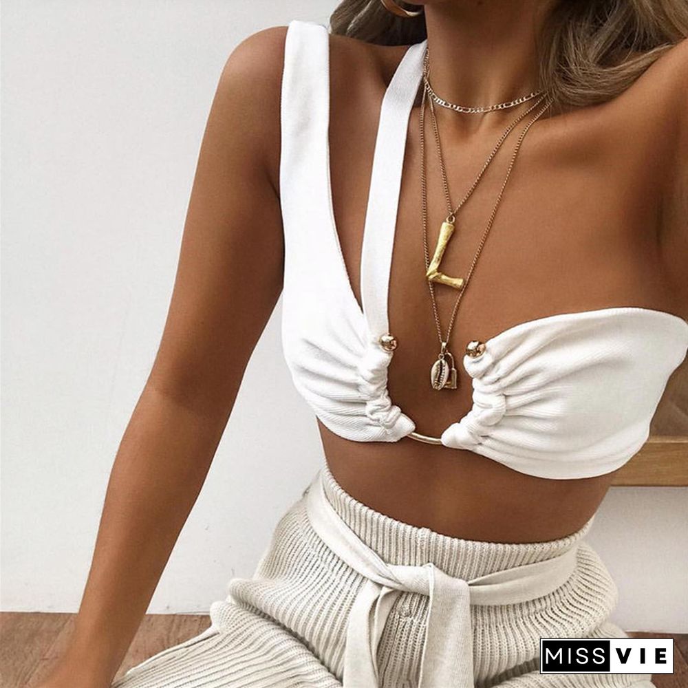 Women's Solid Color Camisole Metal Decorative Tube Top Single Shoulder Strap Vest Sexy Summer Hot Women's Clothing