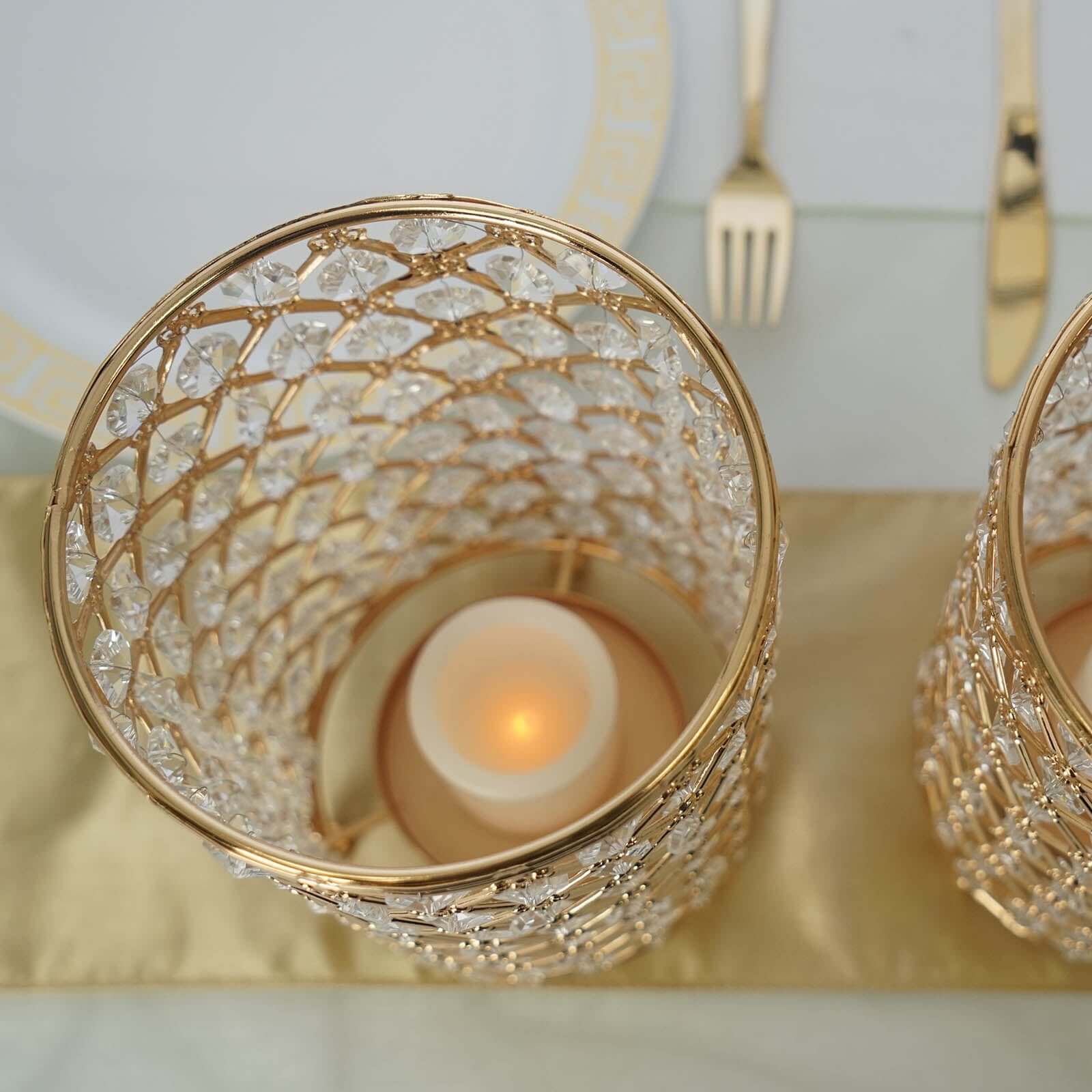 2 Pack Gold Metal Crystal Beaded Pillar Votive Candle Holder Set, Multipurpose Crystal Stem Vase 9