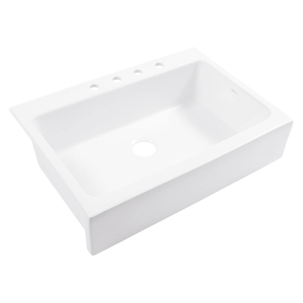 SINKOLOGY Josephine Crisp White Fireclay 34 in. Single Bowl Drop-In Kitchen Sink 4 Holes with Courant Bridge Stainless Faucet Kit SK450-34-4RCOS