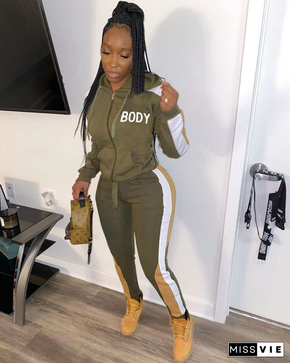 Lettered Hooded Zipper Jacket Sweatpants 2 Pieces Set