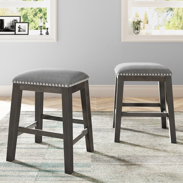 Rustic Farmhouse Dining Room Wooden Stools with Trim（Set of 2）